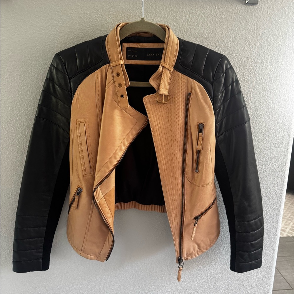 Zara Women's Black and Tan Leather Jacket